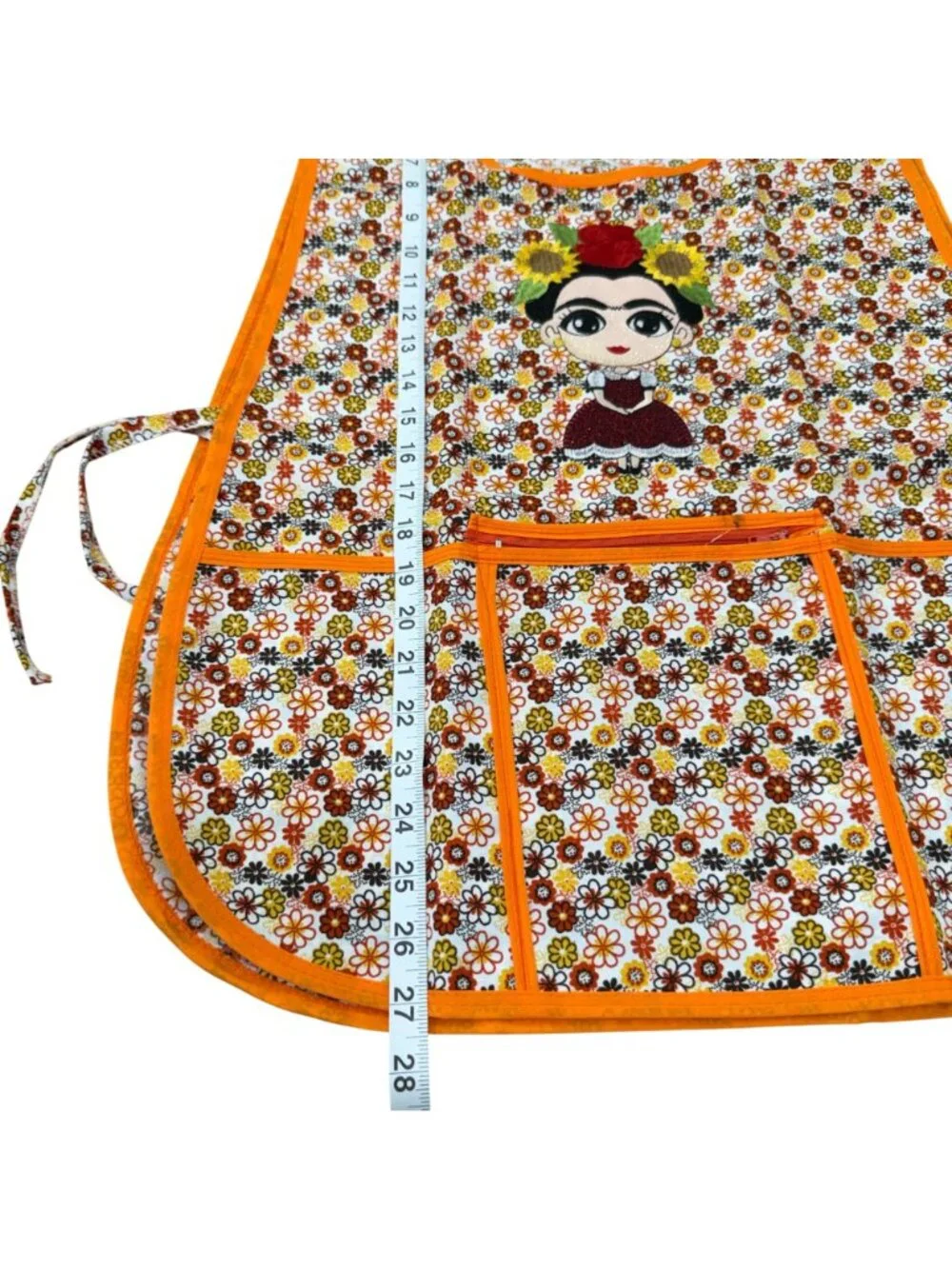 Women Apron Frida-Inspired Floral Front Pockets Orange Trim One Size
